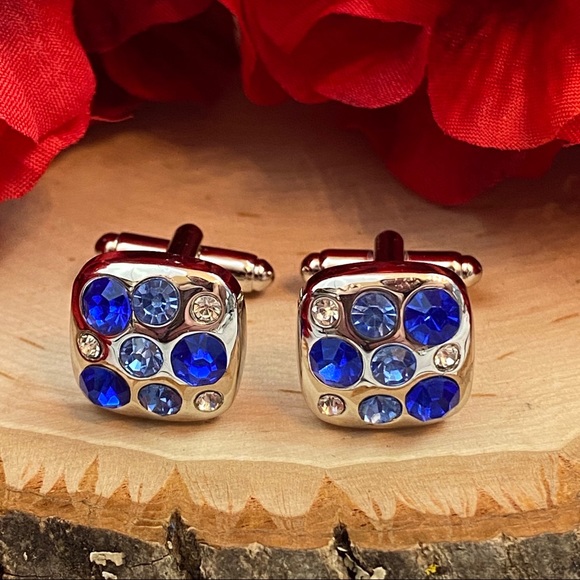 Blue Crystal Square Silver Cufflinks - Picture 9 of 13